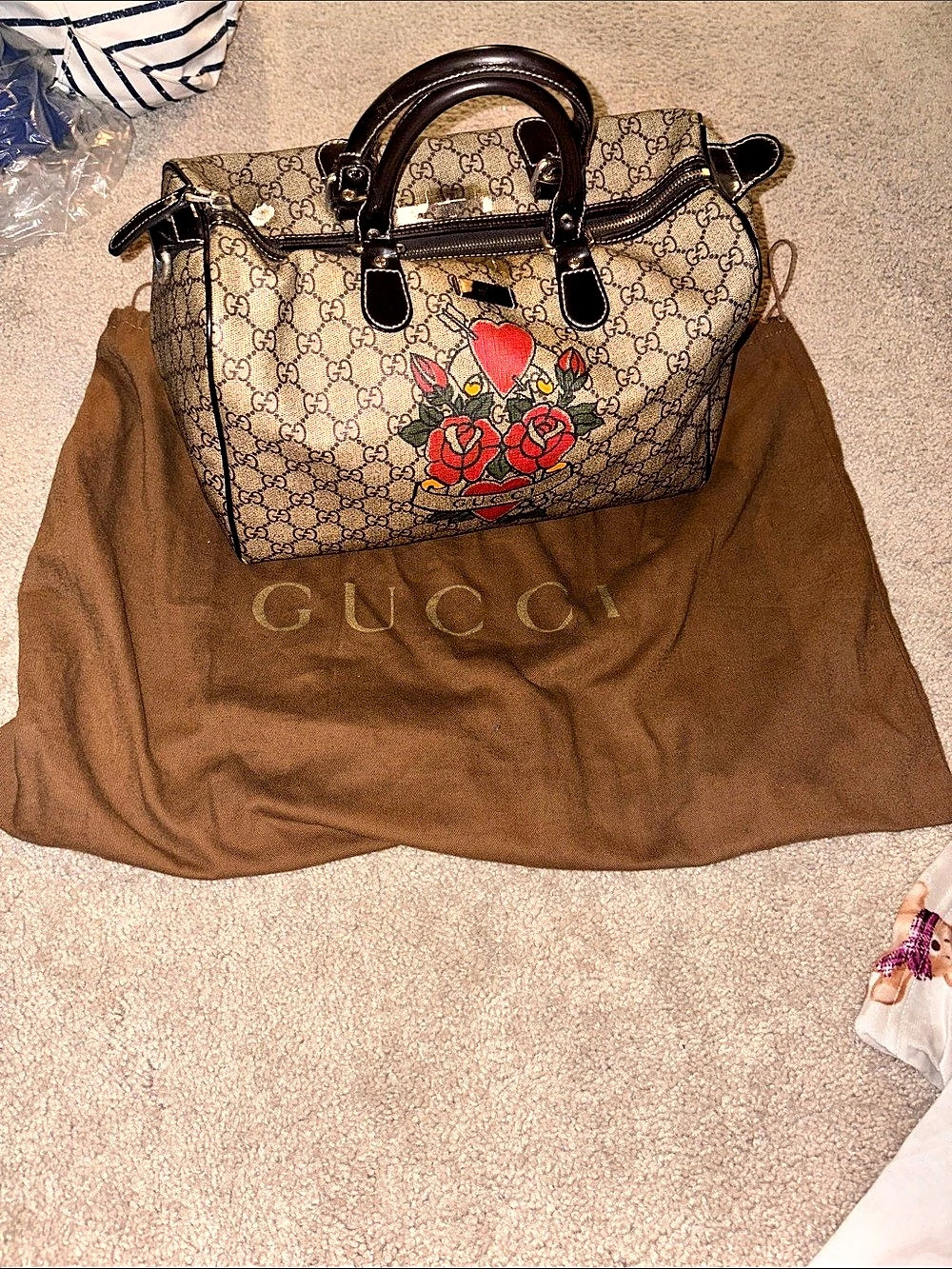 Gucci GG Plus Tattoo Heart Medium Joy Boston Bag Brown & Black
